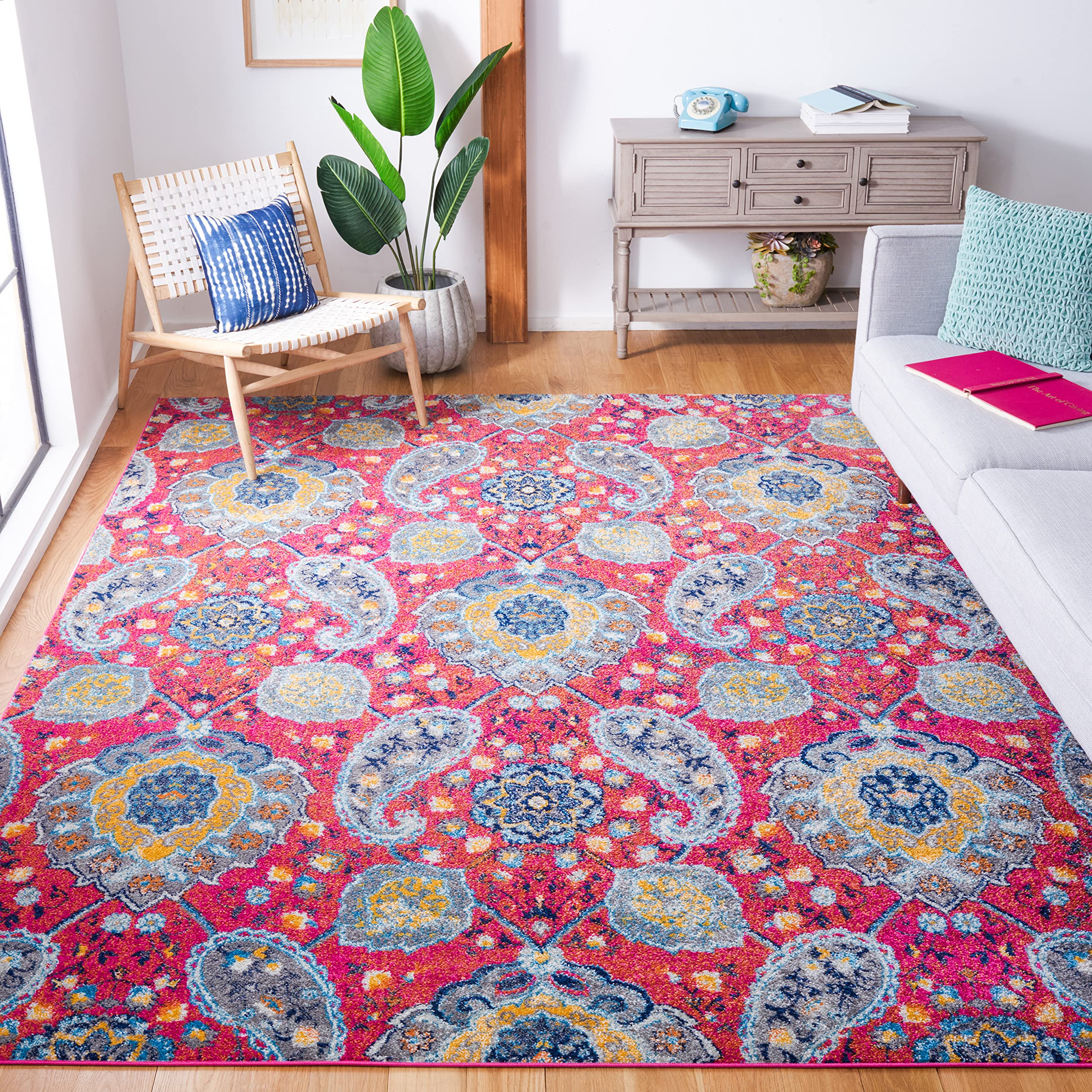 SAFAVIEH Madison Collection Area Rug - 6'7'' x 9'2'', Fuchsia & Gold, Boho Chic Glam Paisley Design, Non-Shedding & Easy Care, I